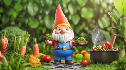 Obraz premium 3D vector gnome set in a garden scene with colorful hats grilling barbecue or planting vegetables