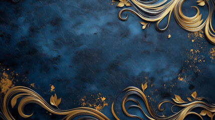 A blue background with gold leafy designs. The background is blue and the gold leafy designs are on the left side of the image