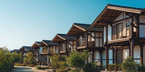 Fototapeta premium A row of traditional-style houses with wooden structures and balconies under a clear blue sky.