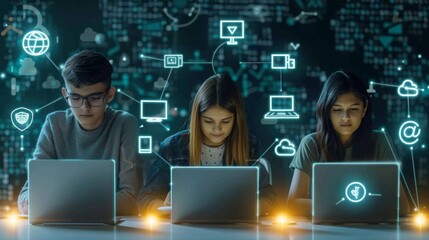 Focused Teenagers Engaged in Coding on Laptops with Futuristic Digital Network Icons