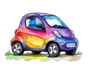 Colorful Smart Car Clip Art for Kids on White Background - Watercolor Illustration with Margins and Shadows - Red, Purple, Blue, Yellow, Green, Orange, and Pink