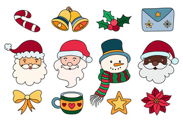 Christmas decorative elements set. Hand draw Christmas icons set with Santa Claus Head, Snowman, holy, poinsettia, bells
