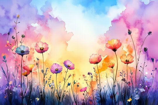 Colorful Watercolor Wildflowers in Dreamy Sky Scene