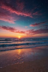 Fototapeta premium Magical Sunset: Soft Pink and Blue Tones Over the Ocean, Shimmering in Rainbow Colors. Pastel Sunset on a Stunning Beach: A Garment of Amazing Beauty in Pink and Blue Shades