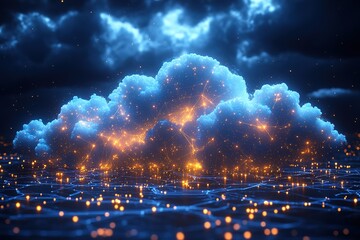 Obraz premium Abstract cloud with glowing lights and digital network.
