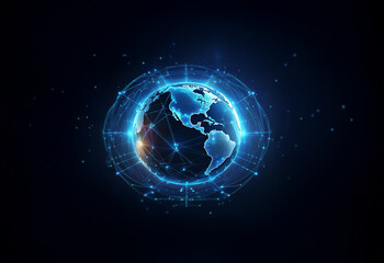 Obraz premium A glowing, blue, digital sphere encasing a dark globe, depicting interconnectedness and globalization.
