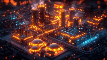 Obraz premium A Futuristic Industrial Complex with Illuminated Pipes and Towers