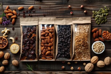 a snack package mockup displayed on a rustic wooden table, surrounded by ingredients like nuts, dried fruits, and chocolate