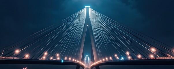 Obraz premium A striking view of a cable-stayed bridge illuminated at night, showcasing modern engineering.