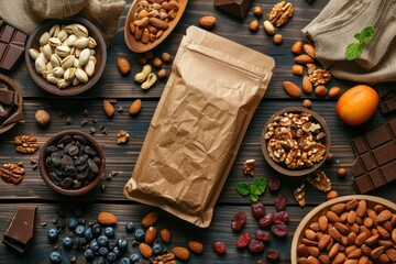 Fototapeta premium a snack package mockup displayed on a rustic wooden table, surrounded by ingredients like nuts, dried fruits, and chocolate