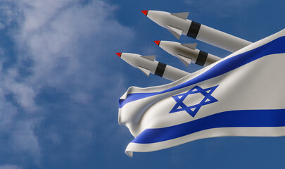 Ballistic missile being launched, Israel flag in foreground. Israel weapons of mass destruction...