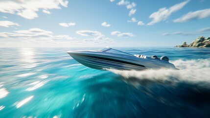 Obraz premium Speedboat gliding sharp motion ocean waves sunlight glinting hull surface. AI generated