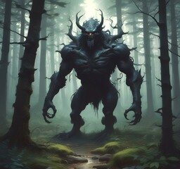 Fototapeta premium Illustration of spooky creature in woods.