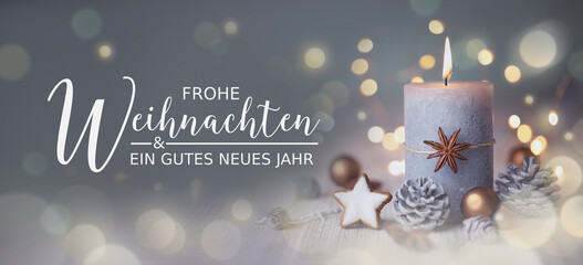 Christmas Candle with natural decoration - Advent - Christmas and New Year Greeting Card, Banner, Panorama