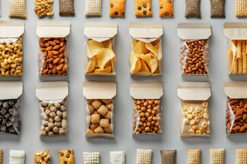several snack packaging mockups top view, different types of snacks - chips, nuts and granola bars