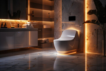 high-tech toilet with a smart control panel, set in a luxurious bathroom with ambient lighting and marble surfaces