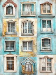 Obraz premium A colorful collage of various window designs on a textured wall.