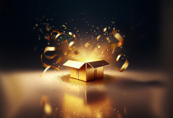 An open golden gift box sits on a reflective surface with gold confetti and streamers bursting from its center.