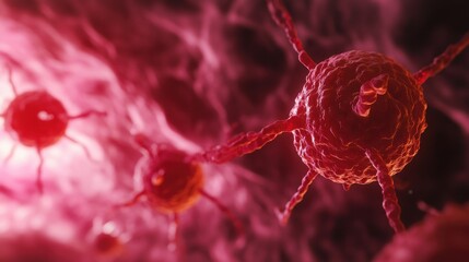 A cancerous tumor spreading within human tissue with surrounding healthy cells in detailed close-up with copy space