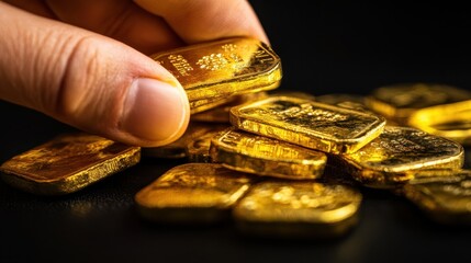 A close-up of a hand holding a gold bullion bar, surrounded by gleaming gold ingots. dark background enhances the luxurious feel, ideal for finance and investment themes.