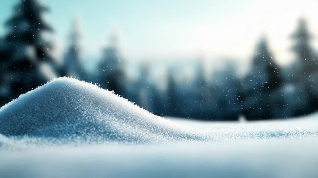 Snowdrift against panoramic view with snowy frost trees. Natural landscape with space for text or design. Winter holiday season. Happy New Year, Merry Christmas