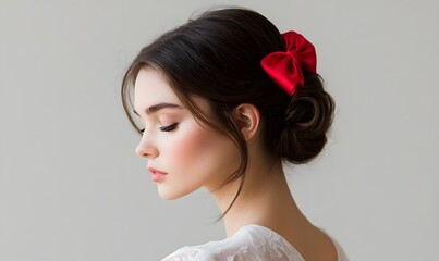 red silk hairpin bow for the bride's dark locks, Generative AI