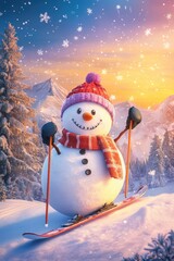 Obraz premium Cute snowman ski in snow field in mountain.