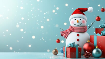 Fototapeta premium Cute snowman. Winter holiday theme.
