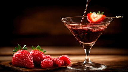 A stunning cocktail glass holds a vibrant red drink, garnished with a fresh strawberry slice. Plump berries surround it on a rustic platter, set against a dark, inviting backdrop.