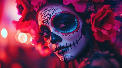A vibrant close-up of a woman with intricate sugar skull makeup for the Day of the Dead. Colorful floral accents contrast with dark makeup against a softly blurred, festive background.