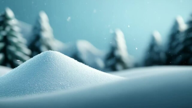Snowdrift against panoramic view with snowy frost trees. Natural landscape with space for text or design. Winter holiday season. Happy New Year, Merry Christmas