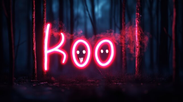A vibrant neon sign spelling koo glows against a dark, misty forest. With playful ghostly faces, it creates a whimsical yet eerie atmosphere, perfect for Halloween projects.