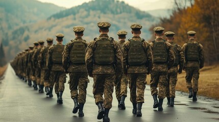 Soldiers with their backs in a row marching
