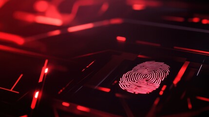 An abstract close-up of a glowing red fingerprint on a dark digital interface, featuring geometric patterns.