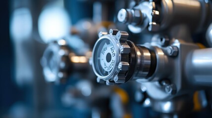 Obraz premium Close-up of industrial control valves and gauges, showcasing precision engineering.
