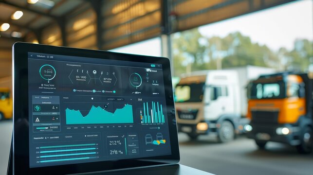 Fleet management tools on a tablet, featuring vehicle tracking, maintenance scheduling, and performance metrics with copy space