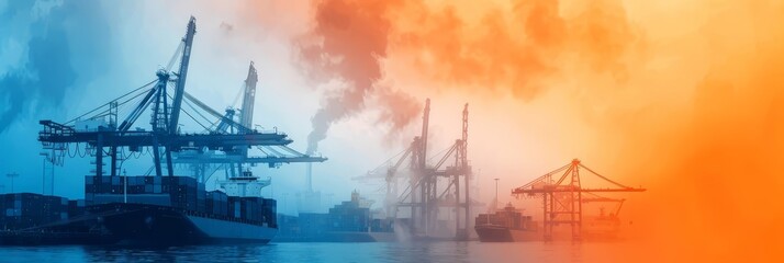 Fototapeta premium Silhouettes of cranes at a busy port, with a hazy orange sky in the background.