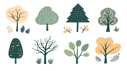 A collection of illustrated trees and plants in various styles.