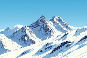 Obraz premium Snow-covered mountains rise majestically against a clear blue sky, showcasing stunning natural beauty and tranquility.