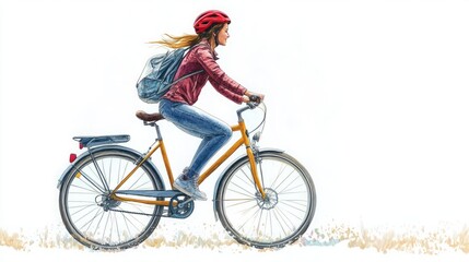Obraz premium A girl riding a yellow bicycle with a backpack in a scenic setting.