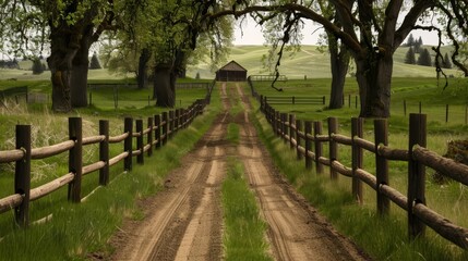 A dirt road winds through a grassy field towards a small wooden house in the distance, surrounded by trees and a wooden fence.