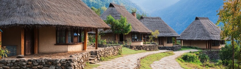 Scenic view of traditional thatched-roof huts along a winding path in a lush landscape.