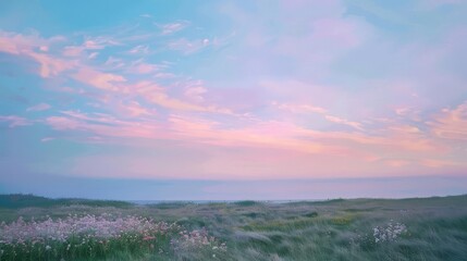 Obraz premium Pastel pink and blue sunset over a grassy field and ocean.
