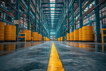 Fototapeta premium Industrial Warehouse with Yellow Barrels and a Center Aisle