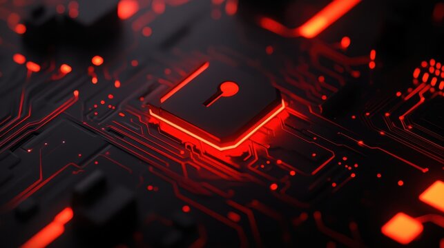 A close-up of a sleek black circuit board, illuminated by striking red light and featuring a padlock symbol. design embodies themes of cybersecurity and digital privacy.