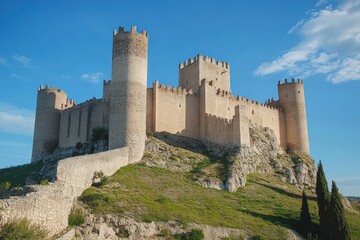 A majestic castle perched on a rocky hill under a blue sky.