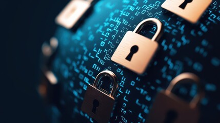 A striking digital illustration of cybersecurity featuring a globe of binary code and golden padlocks, symbolizing data protection and privacy against a blue backdrop. Ideal for tech themes.