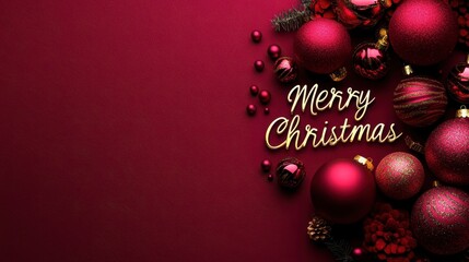 A vibrant festive background showcases a rich red texture with glossy red and gold ornaments, intricate patterns, and subtle greenery. Merry Christmas in gold adds warmth to this joyful scene.