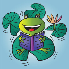 Fototapeta premium Frog reading a book on a lotus leaf. Vector illustration.
