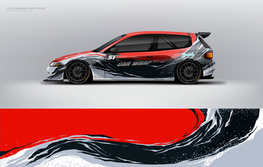 Naklejka premium Car wrap livery design Hatchback sporty racing style red color combination, printable file decal and vinyl. ready print vector eps 10